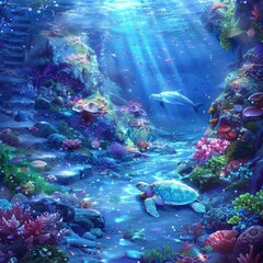 Fototapeta na wymiar Magical underwater scene with sunbeams filtering through, showcasing a serene turtle amongst vivid coral, a beautiful depiction of ocean life in digital art form