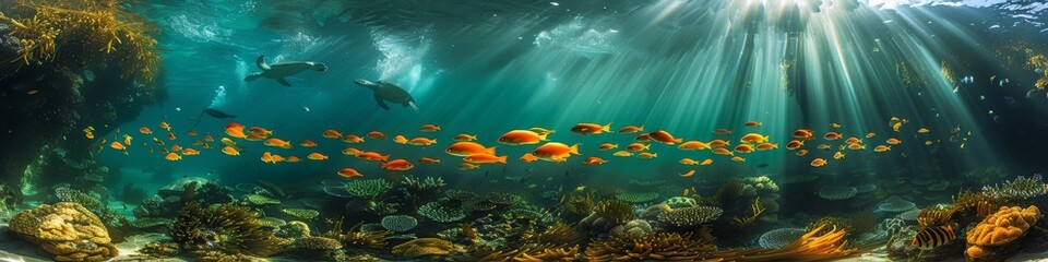 Panoramic underwater illustration with schools of fish swimming among coral reefs, a sunlit scene reflecting the vibrant and interconnected marine ecosystem - obrazy, fototapety, plakaty