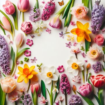 Floral background. Spring flowers frame with tulips, daffodils, crocuses, hyacinths, lilacs, cherry blossoms, azaleas on white background. Top view, flat lay, copy space in middle