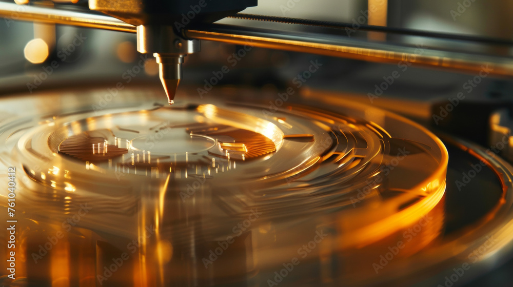 Poster an upclose shot of a specialized 3d printer in action layering thin sheets of metal and plastic to p