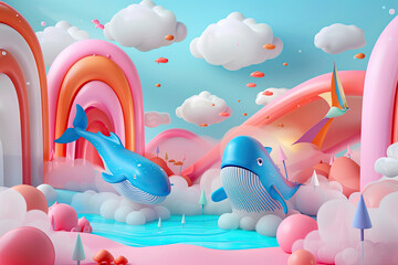 Step into a captivating 3D world where cheerful whales glide gracefully above a cheerful childrens playground