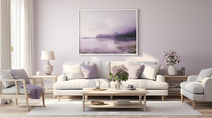 Modern trending interior of living room with aesthetic setting and background  - obrazy, fototapety, plakaty