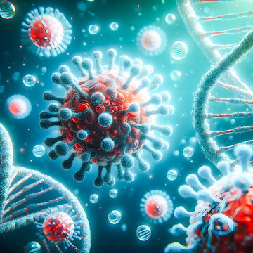 3D illustration of virus cell and DNA.