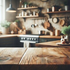 Grunge natural wooden table top with copy space for product advertising over blurred kitchen background at home