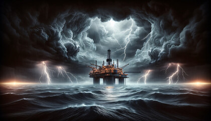 Dramatic image of an oil rig in a stormy sea under dark clouds and fierce lightning, with a mysterious light piercing the gloom. AI Generated. - obrazy, fototapety, plakaty