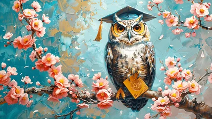 Foto auf Acrylglas An owl wearing graduation cap with books in flowers background. Generative AI. © unikyluckk