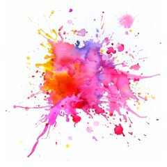 Explosive watercolor splash with vivid reds, pinks, and yellows on a white backdrop.