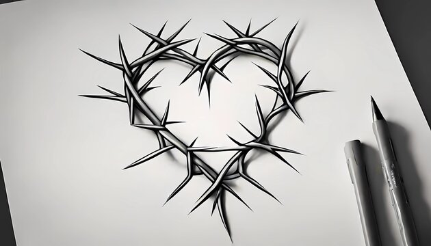 Heart with crown of thorns on white background, Generative AI illustrations.