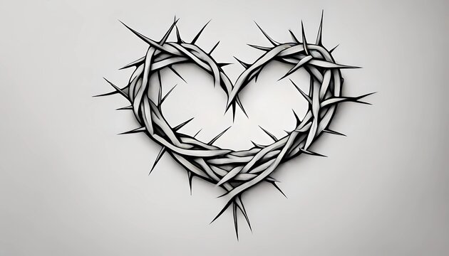 Crown of thorns in the shape of a heart on a white background, Generative AI illustrations.