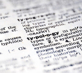 Closeup of the word typology from the dictionary