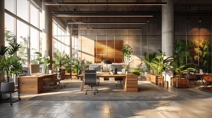 Modern Office Interior with Plants and Natural Light - obrazy, fototapety, plakaty