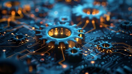 A network of interconnected gears and circuitry, symbolizing the synergy between technology and business processes, Technology-driven business operations concept