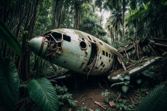 Abandoned military airplane wreck in the jungle. Vintage style.