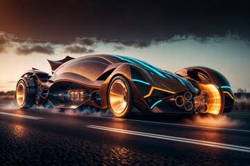 Futuristic car on the road at night.