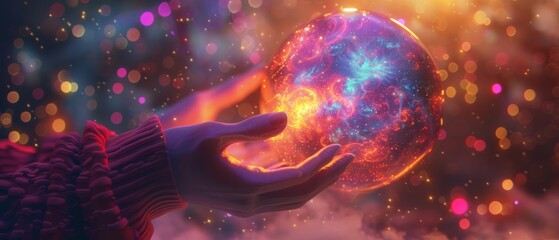 3D render A person holding a glowing orb that projects a vibrant dreamscape around them.