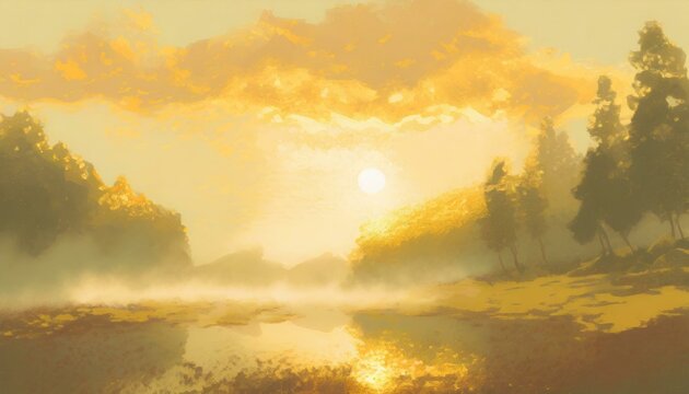 Illustration of morning mist, sunrise, and haze images.