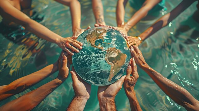 Group of people holding hands around a globe submerged in water, highlighting global cooperation for water conservation, World Water Day concept
