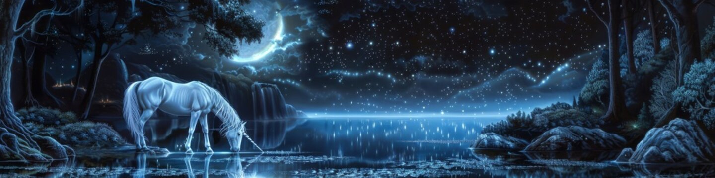 A mystical scene of a unicorn drinking from a shimmering