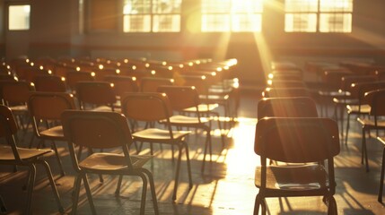 Rows of empty classroom chairs bathed in golden sunlight