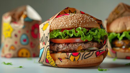 Burger Wrapper Art: Illustration of a creatively designed burger wrapper with colorful graphics and patterns, adding personality to takeout or fast-food packaging.