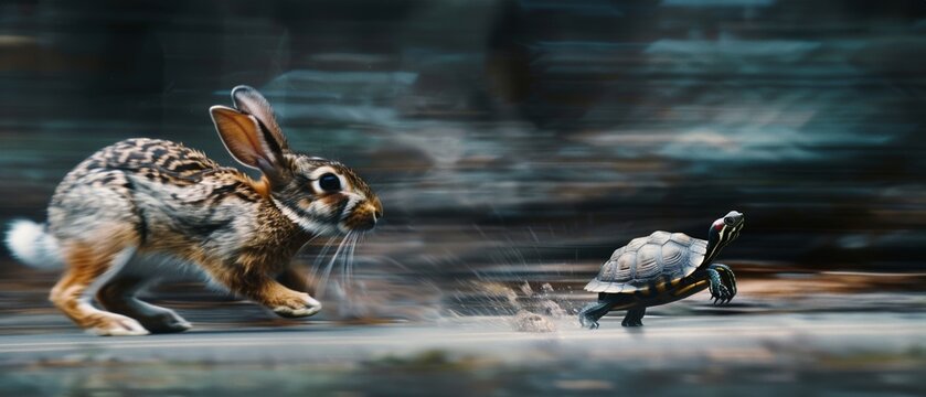 Rabbit running out of steam chasing a turtle in a rapid car funny scene with motion blur