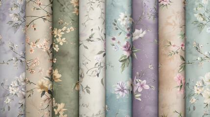 A collection of delicate floral patterns in soft pastel colors