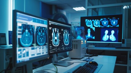 An advanced medical imaging workstation with monitors displaying detailed CT scan and X-ray images
