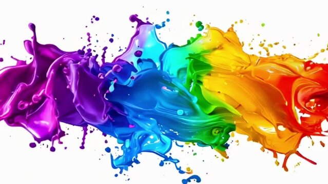 Vibrant multi-colored paint splashes in dynamic motion against white background. Abstract liquid explosion