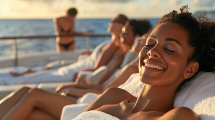 A group of friends gather in the outdoor spa area of a yacht laughing and chatting as they each...