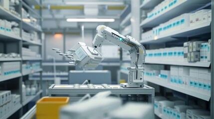A robotic pharmacy dispensing robot efficiently sorting and packaging medications for distribution