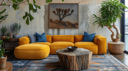 Modern Living Room Interior with Yellow Sofa and Wooden Decor