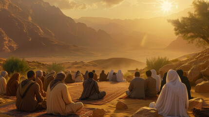 A peaceful and serene desert landscape where believers gather to pray and break their fast during the holy month of Ramadan.