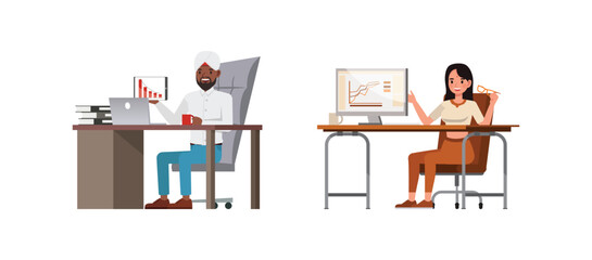 Set of Businessman and businesswoman character vector design. Indian people working in office planning, thinking and economic analysis. Business people working and showing growth graph illustration.