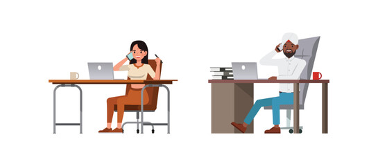 Set of Businessman and businesswoman character vector design. Indian people working in office planning, thinking and economic analysis. Business people working and talk on phone illustration.