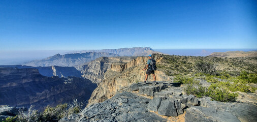 Trekking to Jebel Shams above Wadi Nakhr, the Grand Canyon of Oman, Al Hamra, Oman