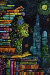 Obraz premium Artistic image with colorfully stacked books and elements of space and cityscape