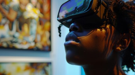 A closeup of a students face as they use virtual reality technology to explore different art galleries and exhibits.