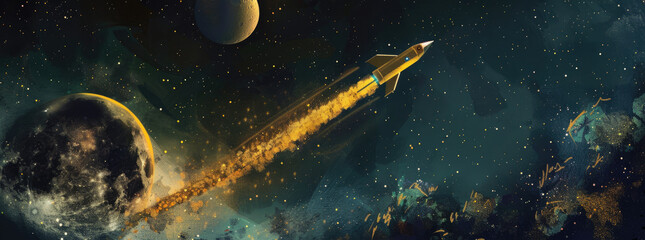 The majestic sight of a golden rocket soaring through the starry night sky towards the moon - obrazy, fototapety, plakaty