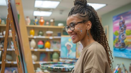 A student happily works on a painting at an easel in the art corner of the common room. The walls are lined with student artwork and a pottery wheel and shelves of art supplies - obrazy, fototapety, plakaty