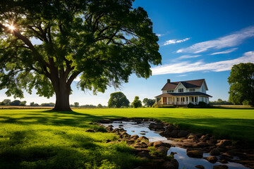 Fototapeta na wymiar Idyllic Summer Farmhouse Scene - Rural Life Bathed in Warmth and Serene Beauty