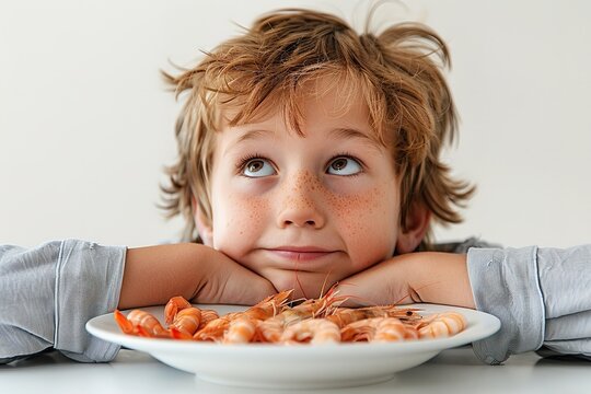 A little boy child with a voracious appetite is staring at a platter of prawns over a white setting and space, Generative AI.