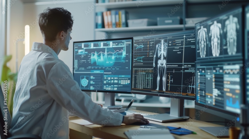 Poster in a modern sports medicine lab a closeup of a student using a computer to yze data from a recent in