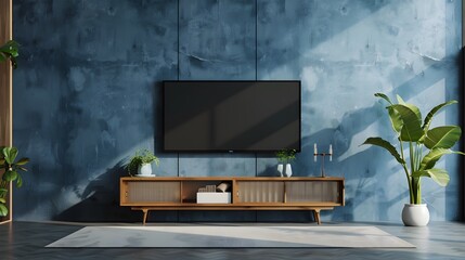 TV cabinet and display with on wood flooring and pastel green wall, minimalist and vintage interior of living room