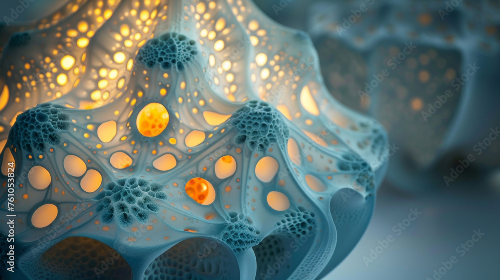 Poster an intricately crafted lamp made of organic materials mimicking the glowing patterns of bioluminesce