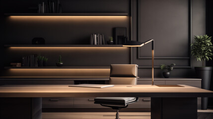 Sleek Modern Home Office with LED Shelf Lighting and Minimalistic Design