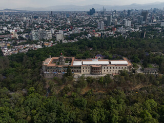 Aerial view of Chapultepec Castle on top of a hill with the surrounding forest, Mexico City