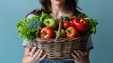 A large basket with a fresh harvest of vegetables and fruits in the hands of a girl.