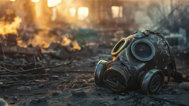 Old dusty respirator mask in the atmosphere of Soviet ruins Powerful background with atmospheric animation of light and dust, design for post-apocalyptic themes