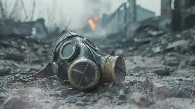 A liquidator's overturned gas mask lying in a layer of dust and soot, against the background of the ruins after the fire