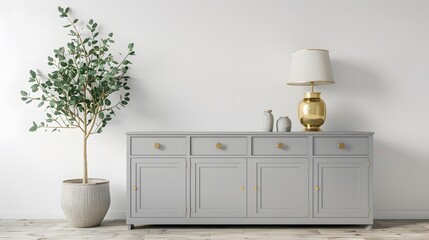 TV cabinet and display with on wood flooring and pastel green wall, minimalist and vintage interior of living room